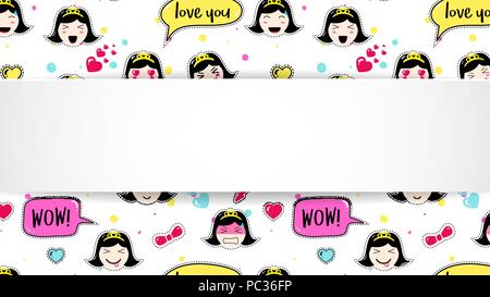 Mädchen Banner mit Anime emoji Muster. Süße Aufkleber mit emotico Stock Vektor