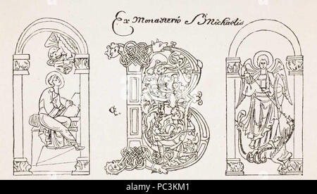 536 Saint Augustin écrivant sous la dictée d'un ange, lettre B terrassant historiée et Saint Michel le Dragon Stockfoto