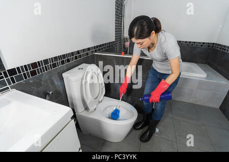 Frau Reinigung wc-Schüssel mit einer Bürste Stockfoto