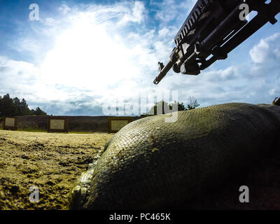 Ein M240B Maschinengewehr sitzt auf der Schusslinie in Vorbereitung für die Qualifizierung im Betrieb Cold Steel II, durch die US-Armee die zivilen Angelegenheiten und psychologische Operations Command (Airborne), 23. Juli 2018 Gemeinsame Basis Mc Guire-Dix - Lakehurst, N.J. gehostet Betrieb Cold Steel ist der US-Armee finden Crew - Serviert Waffen Qualifizierung und Validierung ausüben, um sicherzustellen, dass America's Army Reserve Einheiten und Soldaten ausgebildet sind und bereit, kurzfristig als Teil bereit, Kraft X zu implementieren und überall auf der Welt bekämpfen - bereit und tödlichen Feuerkraft zur Unterstützung der Armee und unsere gemeinsamen Partner bringen. (U. Stockfoto