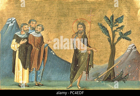 583 Synaxis des Heiligen Johannes die heilige Glorreiche Prophet, Baptisten, und Vorläufer (Menologion von Basil II) Stockfoto