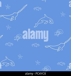 Marine Life Muster Nahtlose. Seesterne, Krabben, Killer Whale, Quallen, Narwalen. Vector Illustration. Blauen Hintergrund. Stock Vektor