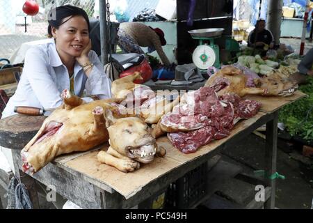 Kon Tum Markt. Frau Verkauf von Hundefleisch. Vietnam. | Verwendung weltweit Stockfoto