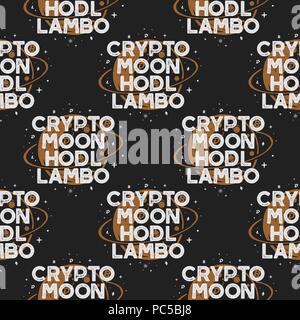 Crypto nahtlose Konzept. Mond und hodl Muster mit Mond und cryptocurencies Symbole. Blockchain Hintergrund. Vektor Illustration im Retro Stil Stock Vektor