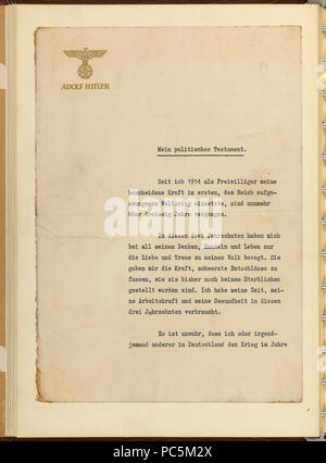 491 politische Testament von Adolph Hitler 1945 Seite 1 Stockfoto