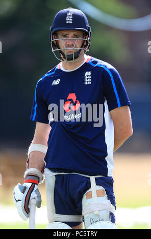 Der Engländer James Anderson bei einem Netze Sitzung in Edgbaston, Birmingham. Stockfoto