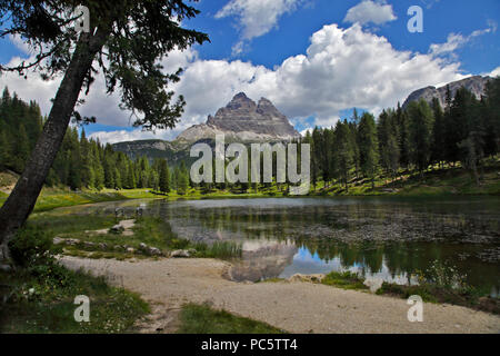 Tre Cime di Lavaredo und Lago Antorno, in der Nähe von Misurina, Dolomiten, Italien Stockfoto