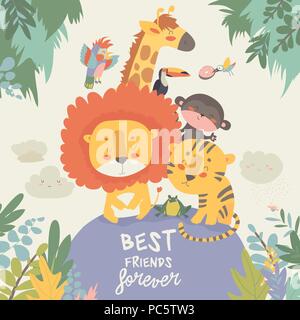 Happy Dschungel Tiere. Beste Freunde Stock Vektor