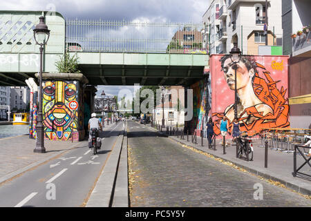 Street Art Paris - Wandbilder auf Pfeiler einer Brücke über den Kanal Ourcq in Paris, Frankreich, Europa gezeichnet. Stockfoto