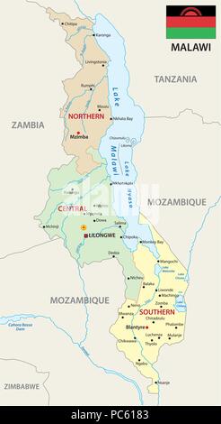 Republik Malawi administrativ und politische Karte mit Fahne Stock Vektor
