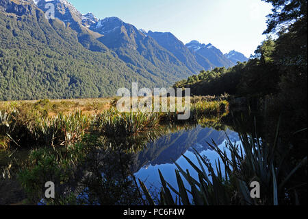 17. 22 Apr, 2018. Auf dem Weg im Fjordland National Park auf der Südinsel von Neuseeland - See Spiegel, im April 2018 | Verwendung der weltweiten Kredit aufgezeichnet: dpa/Alamy leben Nachrichten Stockfoto