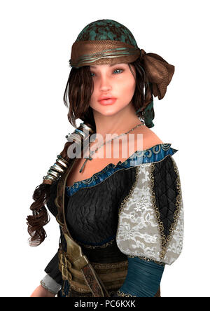 3D-Rendering einer Piraten Frau isoliert auf weißem Hintergrund Stockfoto