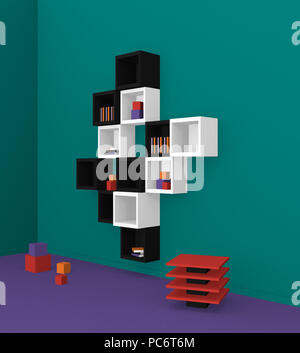 Modernes Wohnen: Regal aus Würfel in Schwarz und Weiß auf grünem Hintergrund von der Seite. 3D-Rendering Stockfoto