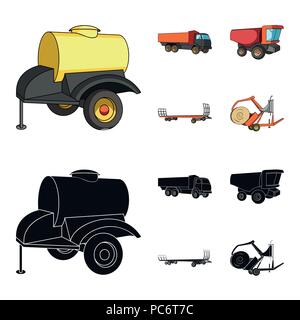Anhänger mit einem Faß, Lkw und andere landwirtschaftliche Geräte. Landwirtschaftliche Maschinen ein Sammlung Icons im Cartoon, schwarze Art Vektor Symbol lieferbar il Stock Vektor