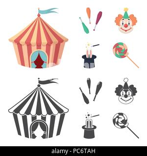 Zirkuszelt, jongleur Streitkolben, Clown, Zauberer Hut. Circus Collection Symbole in Cartoon Set schwarz Stil vektor Symbol lieferbar Abbildung. Stock Vektor