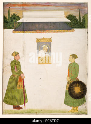 186 Kaiser Aurangzeb bei einem jharokha Fenster, zwei Adlige in der foregroundIn 1710 San Diego Museum der Kunst Stockfoto