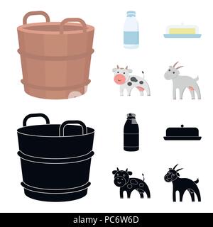 Ein barrel Milch, Butter, eine Kuh. Milch set Sammlung Icons im Cartoon, schwarze Art Vektor Symbol lieferbar Abbildung. Stock Vektor