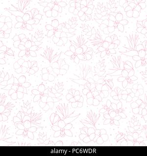 Vektor tropischen Rapport mit Orchideen, Hibiskus und Bird of paradise Blumen Umrisse auf dem weißen gepunkteten Hintergrund. Hintergrund exotische Blumen Linie Stock Vektor