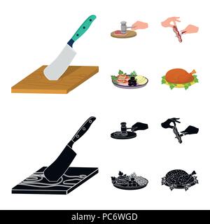 Entermesser auf einem Schneidebrett, Hammer für die Koteletts, kochen, Speck, Fisch und Gemüse. Essen und Kochen set Sammlung Icons im Cartoon, schwarz Styl Stock Vektor