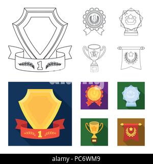 Eine olympische Medaille für den ersten Platz, eine Kristallkugel, eine goldene Schale auf einem Ständer, einem roten Anhänger. Auszeichnungen und Trophäen set Sammlung Icons in Grenzen, Wohnung st Stock Vektor