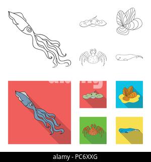 Elektrische Rampe, Muscheln, Krabben, Pottwal. Meer Tiere Sammlung Symbole in der Gliederungsansicht, flacher Stil vektor Symbol lieferbar Abbildung. Stock Vektor