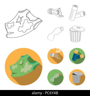 Defekte Glühbirne, Batterien verwendet und brach eine Plastikflasche, Müll kann mit Zeichen. Müll und Abfall set Sammlung Icons in Grenzen, flacher Stil vec Stock Vektor
