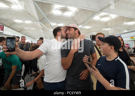 Liebe Insel Kandidat Jack Fincham kommt am Flughafen Stansted, Essex, der auf die letzte des Reality-TV-Show, in der er und Partner Dani Dyer 2018 Gewinner gekrönt wurden. Stockfoto