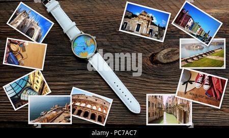 Collage aus europäischen Wahrzeichen, der Bilder gesetzt. Uhr auf Holz- Hintergrund. Travel Concept Stockfoto