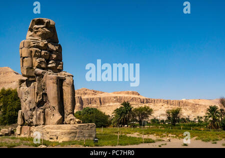 Kolosse von Memnon mit Totentempel der Hatschepsut in disatnce, West Bank, Luxor, Ägypten, Afrika Stockfoto