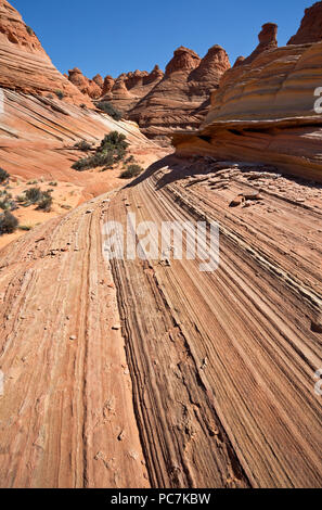 AZ 00196-00 ... ARIZONA - Die Schichten- und Sandsteinformationen beneigth eine Wand mit Buttes im südlichen Abschnitt der Coyote Buttes, Teil der P Stockfoto