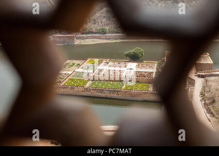 Kesar Maotha Kyari in See im Amber Palace Complex, Jaipur gesehen durch sternförmigen Wand Stockfoto