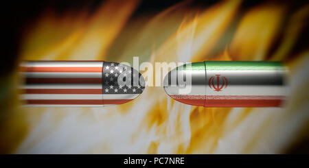 USA und Iran Konflikt Konzept. Die iranischen und amerikanischen Flaggen auf Kugeln, Feuer flammen Hintergrund. 3D-Darstellung Stockfoto