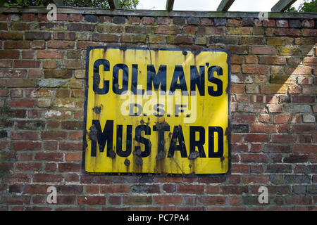 Colmans Senfschild an der Wand alte Schilder an der Backsteinwand Gelb Antiquität berühmte große historische Plakatschilder Design Kunstwerke Kunst Stockfoto