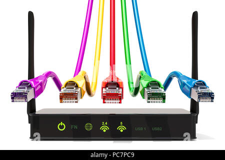 Netzwerk Verbindung Konzept, Router mit farbigen LAN-Kabel. 3D-Rendering auf weißem Hintergrund Stockfoto