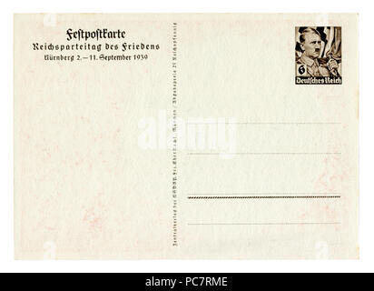 Zurück der historischen deutschen Postkarte (PC7 RH6): Der 11. Parteitag in Nürnberg 1939, Hitler aufgedruckten Stempel, eine leere Karte, Deutschland, Drittes Reich Stockfoto