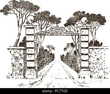 Vintage Gates. Viktorianische Türen oder eine alte Arch. Eingang zum Garten oder den Park im Hintergrund der Bäume. Graviert Hand gezeichnet alte Skizze. Vector Illustration Stock Vektor