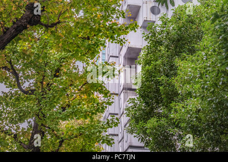 Nakagin Capsule Tower und konkrete Apartment Gebäude hinter der Hochbrücke Straße von Shuto Expressway in Shimbashi, Tokio, Japan. Die Nakagin Capsule Stockfoto