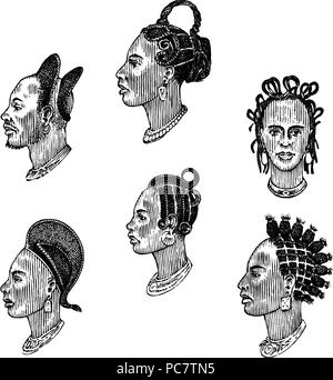 African National männlichen Frisuren. Profil von einem Mann mit lockigem Haar. Verschiedene Afro Dreadlocks. Alte Gesichter von Menschen. Porträt graviert Hand gezeichnet alte Skizze. Südlichen Stämme. Stock Vektor