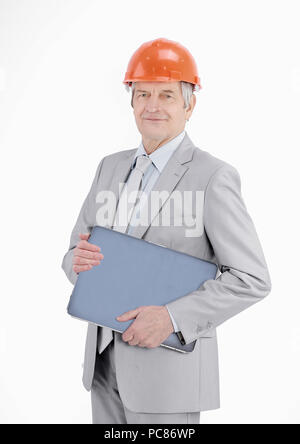 Leitender Ingenieur mit einem Laptop isoliert auf einem weißen Stockfoto