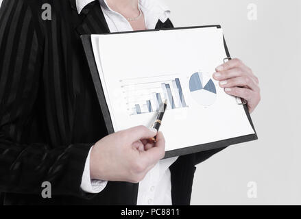 Closeup.business Frau, Grafik auf finanzielle. Stockfoto