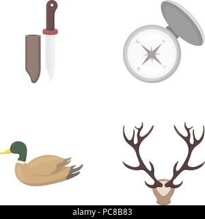 Messer mit einer Abdeckung, eine Ente, ein Hirsch Horn, einen Kompass mit Deckel. Jagdausrüstung Sammlung Icons im Comic-stil Vektor Symbol lieferbar Abbildung. Stock Vektor