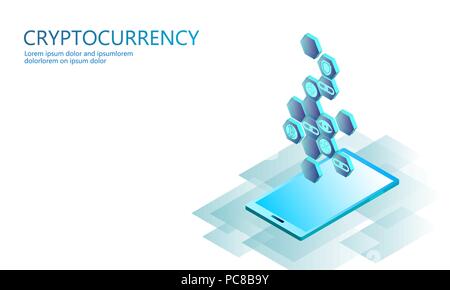 Isometrische internet cryptocurrency Münze Geschäftskonzept. Blau leuchtende isometrische Bitcoin Astraleums Welligkeit Münze Finanzen Bergbau pc smartphone Technik der Zukunft. 3D-infografik Vector Illustration Stock Vektor