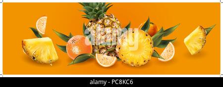 Ananas und Orangen auf einem orangefarbenen Hintergrund Stock Vektor