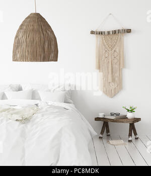 Scandi-Boho style Schlafzimmer, 3D-Rendering Stockfoto