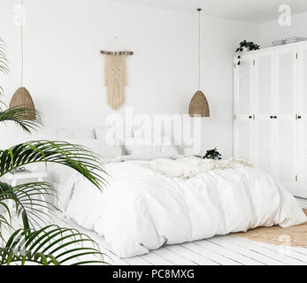 Scandi-boho Interieur Schlafzimmer, 3D-Rendering Stockfoto