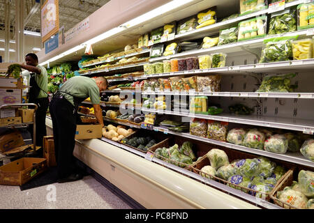 Florida, Pompano Beach, Publix Lebensmittelgeschäft Supermarkt Lebensmittel, innen, Einkaufen, Verkaufsregale anzeigen, Lagerangestellter, Mitarbeiter, Schwarz, Mann Männer männlich, FL17 Stockfoto