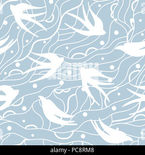 Nahtlose Muster mit weißen Schwalben auf blauem Hintergrund Stockfoto