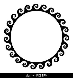 Schwarz nahtlose Spiralen Frame einer Laufender Hund Muster. Nahtlose meander Design. Wellen in wiederholten Motiv geprägt. Blättern Muster. Stockfoto