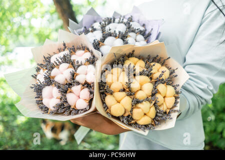 Drei schöne und verschiedene Blumensträuße Lavendel mit Baumwolle in Frau Hände. getrocknete Blumen lila Farbe. in einer Papiertüte platziert. Farbenfrohe color mix Blume. Stockfoto