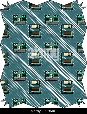Abstrakte Rahmen mit Diskette und Kassette Muster über Hintergrund, farbenfrohen Design. Vector Illustration Stock Vektor